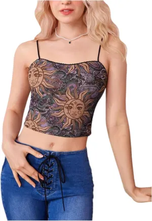 Floerns Women's Graphic Spaghetti Strap Camisole Slim Fitted Basic Cami Crop Top