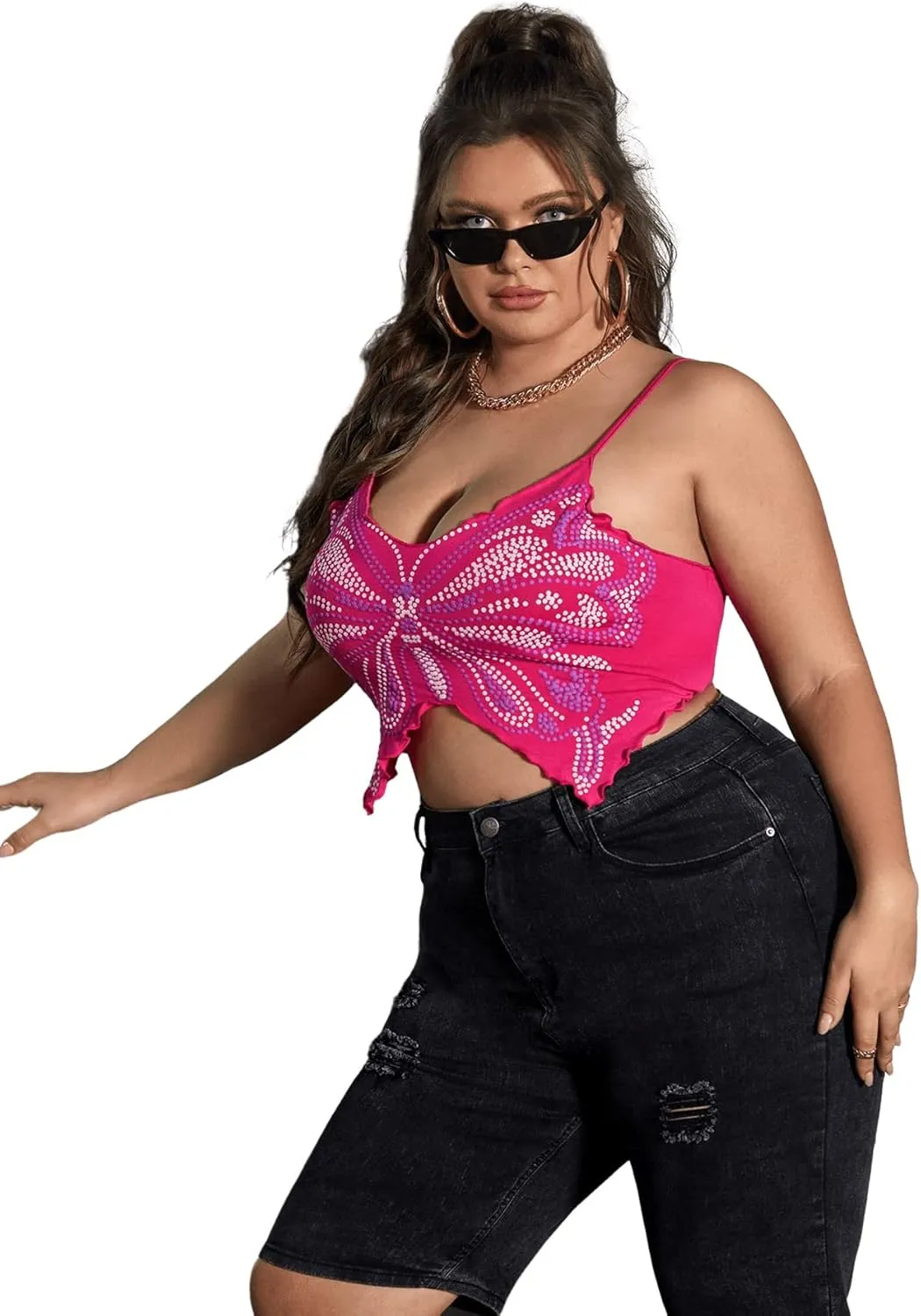 Floerns Women's Plus Size Graphic Print Spaghetti Strap Crop Cami Tank Top