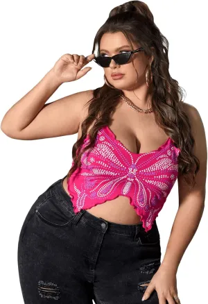 Floerns Women's Plus Size Graphic Print Spaghetti Strap Crop Cami Tank Top