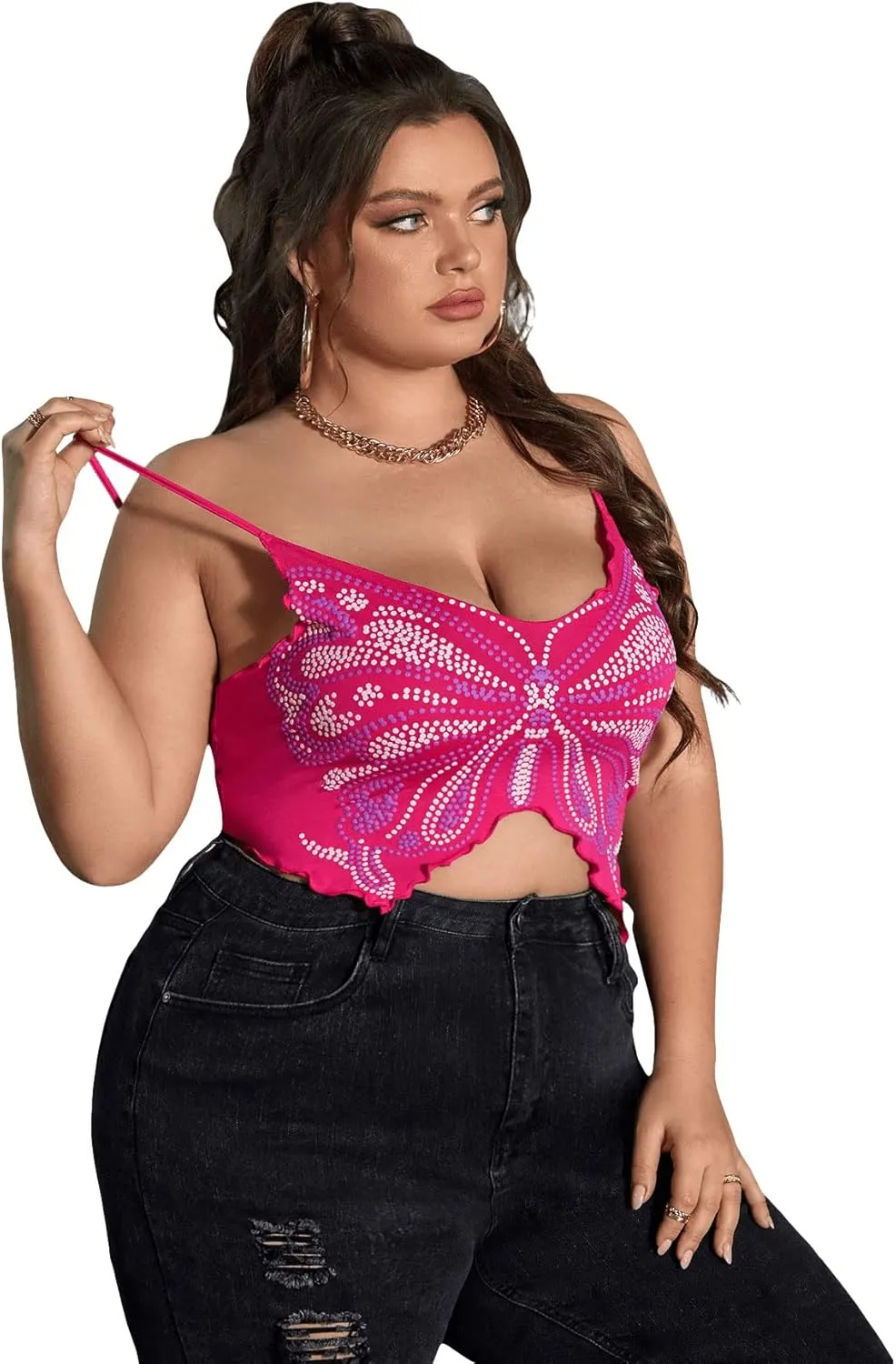 Floerns Women's Plus Size Graphic Print Spaghetti Strap Crop Cami Tank Top