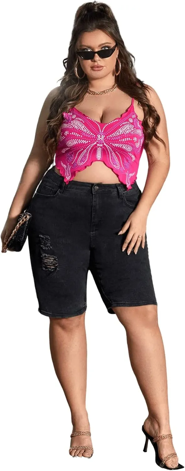 Floerns Women's Plus Size Graphic Print Spaghetti Strap Crop Cami Tank Top
