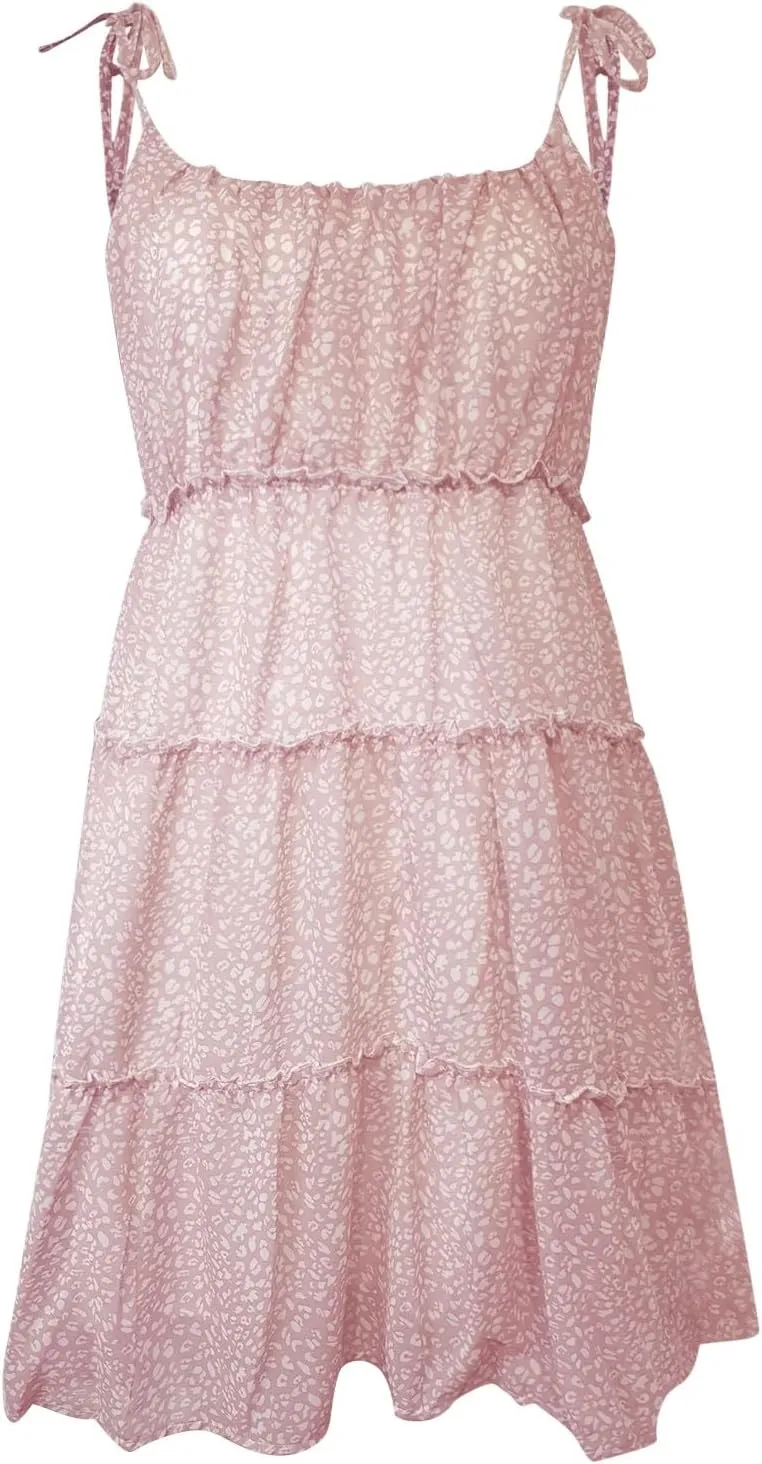 Floral Dress for Women Chiffon Short Mini Skater Dress Flowy Smocked Summer Sun Dresses Spaghetti Strap Tiered Dresses