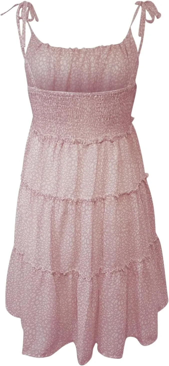 Floral Dress for Women Chiffon Short Mini Skater Dress Flowy Smocked Summer Sun Dresses Spaghetti Strap Tiered Dresses