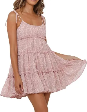 Floral Dress for Women Chiffon Short Mini Skater Dress Flowy Smocked Summer Sun Dresses Spaghetti Strap Tiered Dresses