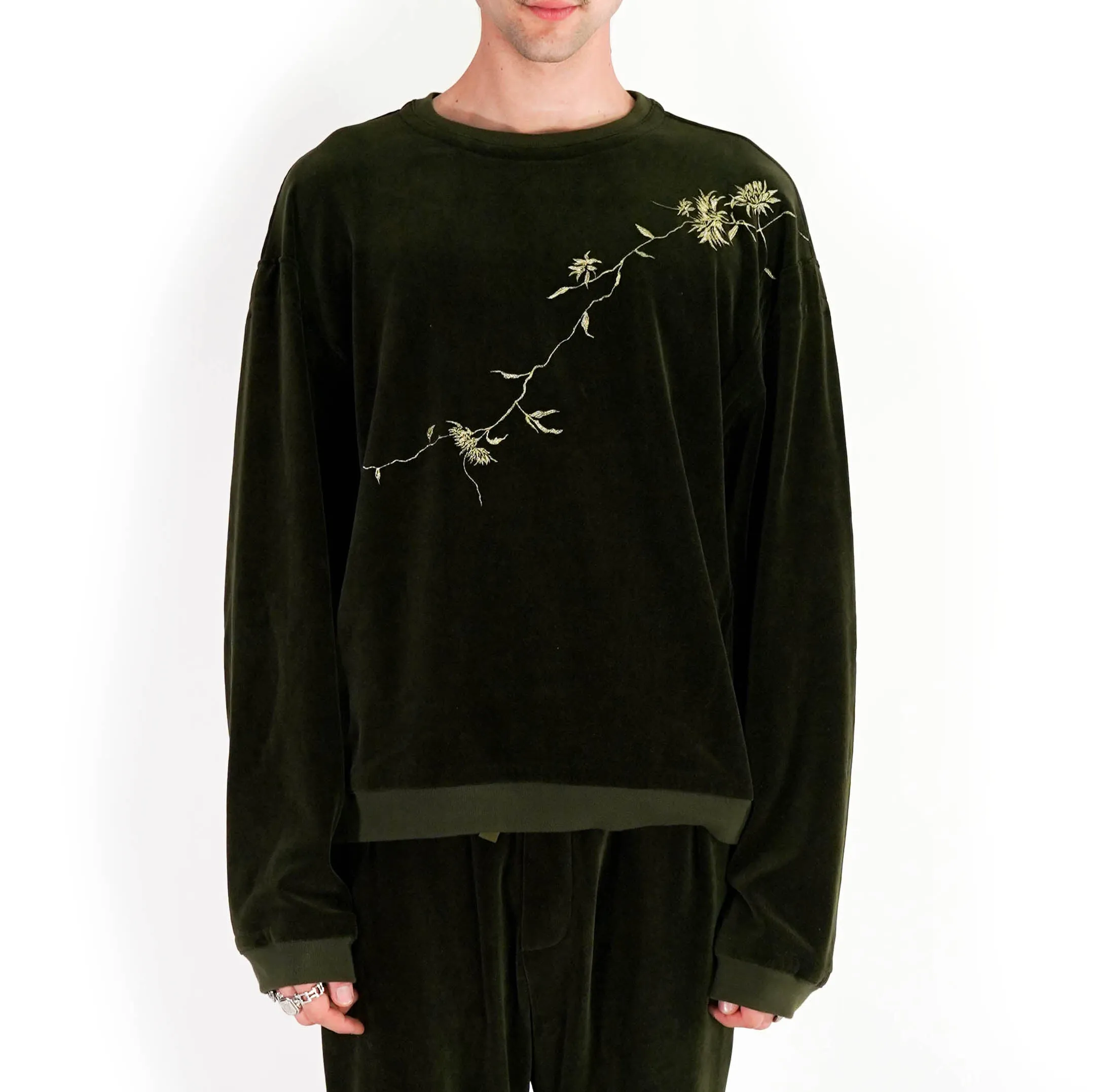 Floral Embroidered Green Velvet Sweatshirt