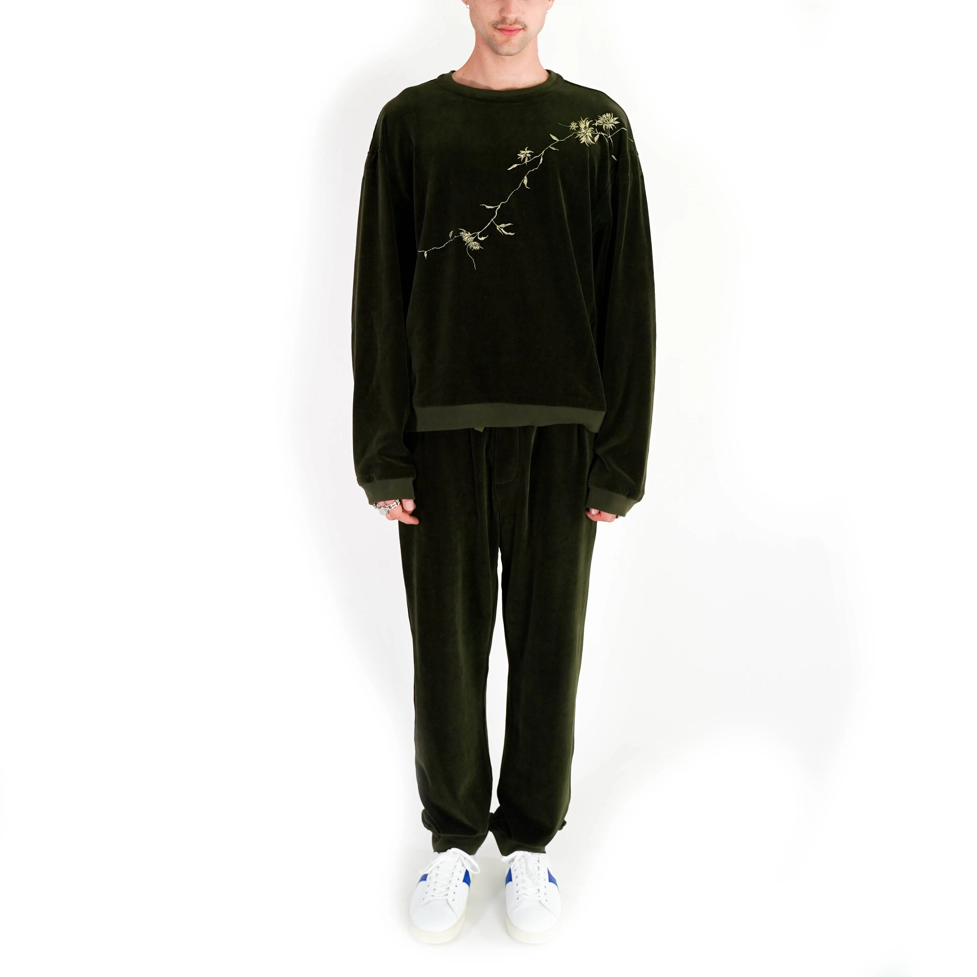 Floral Embroidered Green Velvet Sweatshirt