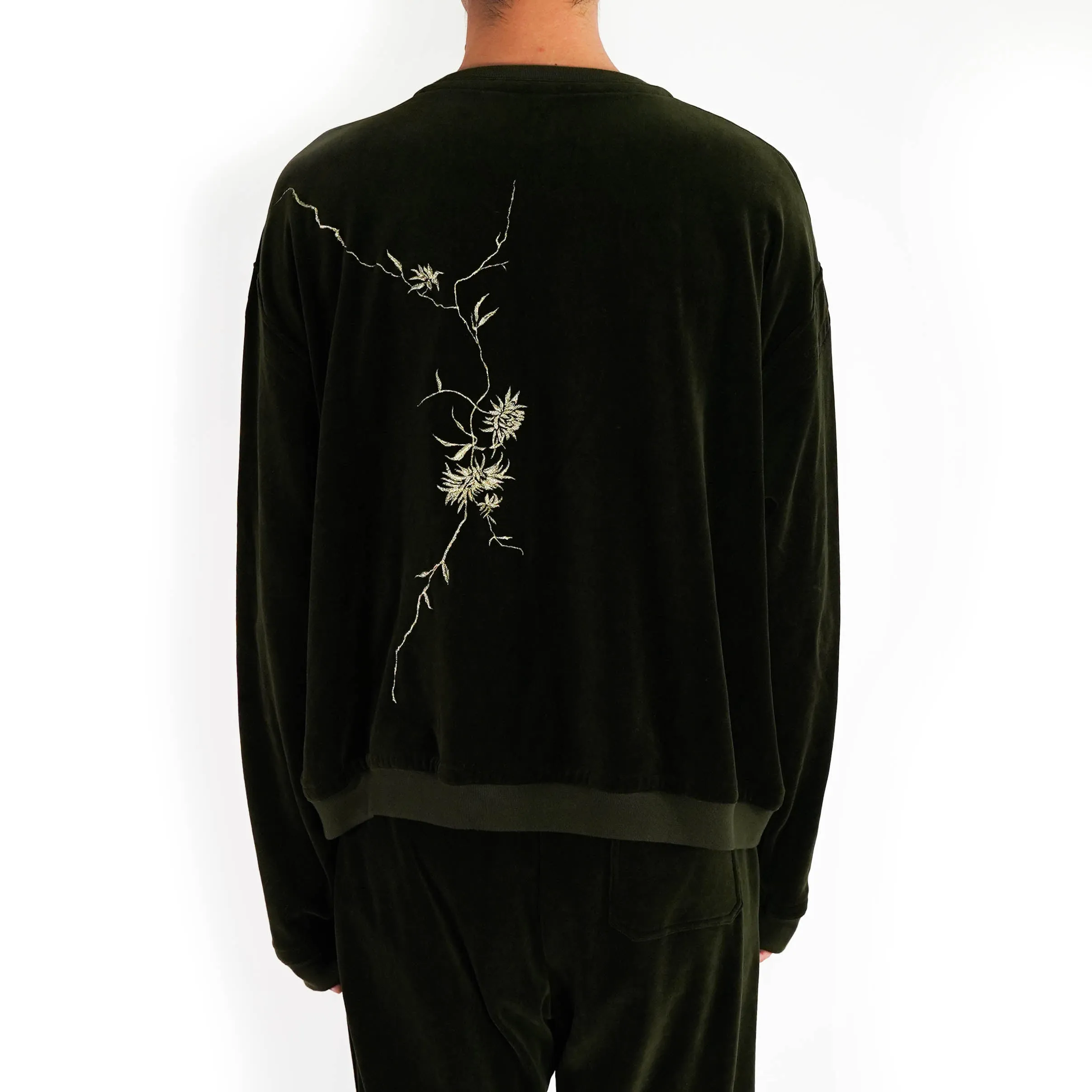 Floral Embroidered Green Velvet Sweatshirt