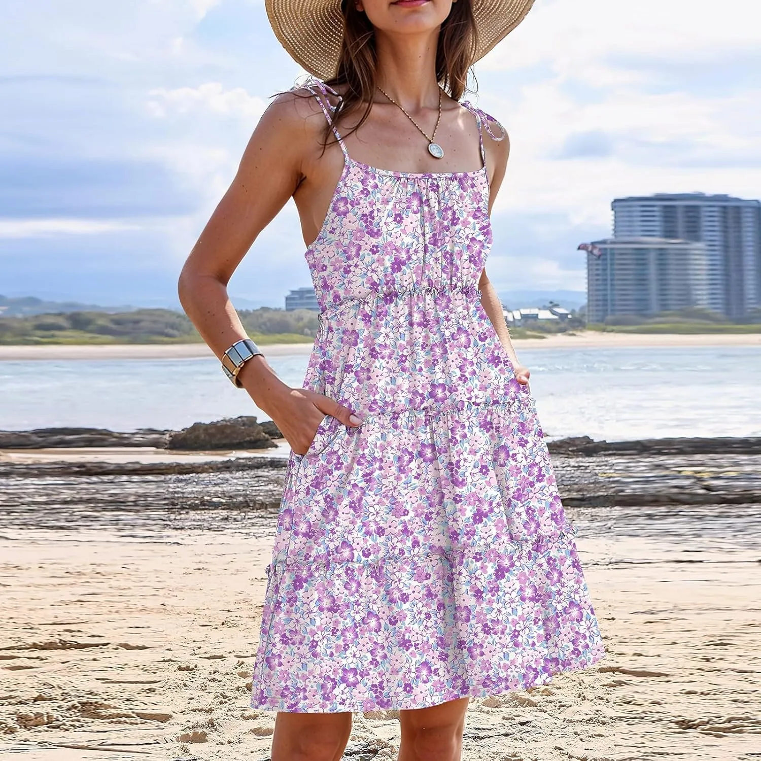 Floral Sun Dresses for Women 2025 Vacation Summer Open Back Skater Dress Flowy Tiered Ruffle Babydoll Mini Sundress