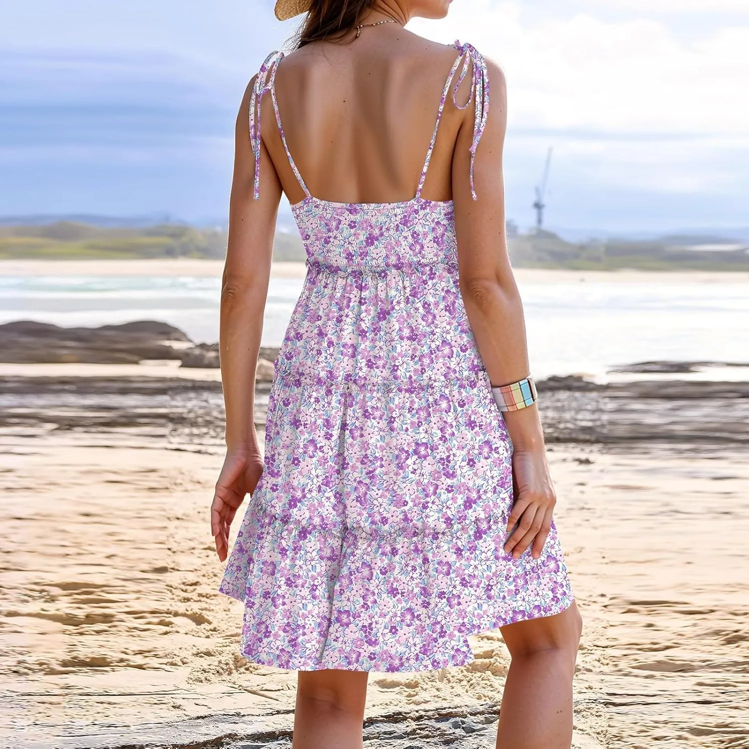 Floral Sun Dresses for Women 2025 Vacation Summer Open Back Skater Dress Flowy Tiered Ruffle Babydoll Mini Sundress
