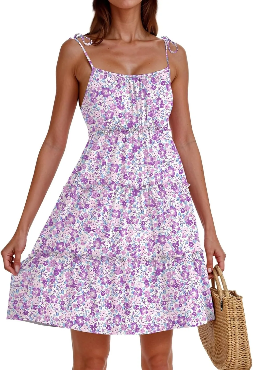 Floral Sun Dresses for Women 2025 Vacation Summer Open Back Skater Dress Flowy Tiered Ruffle Babydoll Mini Sundress