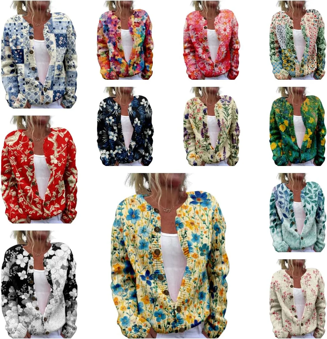 Floral Sweaters for Women Open Front Cardigan Chunky Long Sleeve Plus Size Button Up Fall Trendy Tunic Blouse