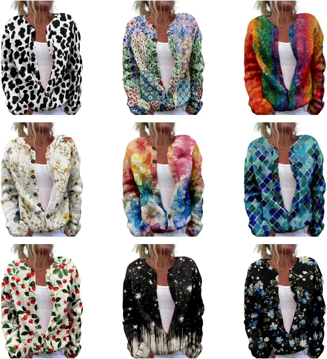Floral Sweaters for Women Open Front Cardigan Chunky Long Sleeve Plus Size Button Up Fall Trendy Tunic Blouse