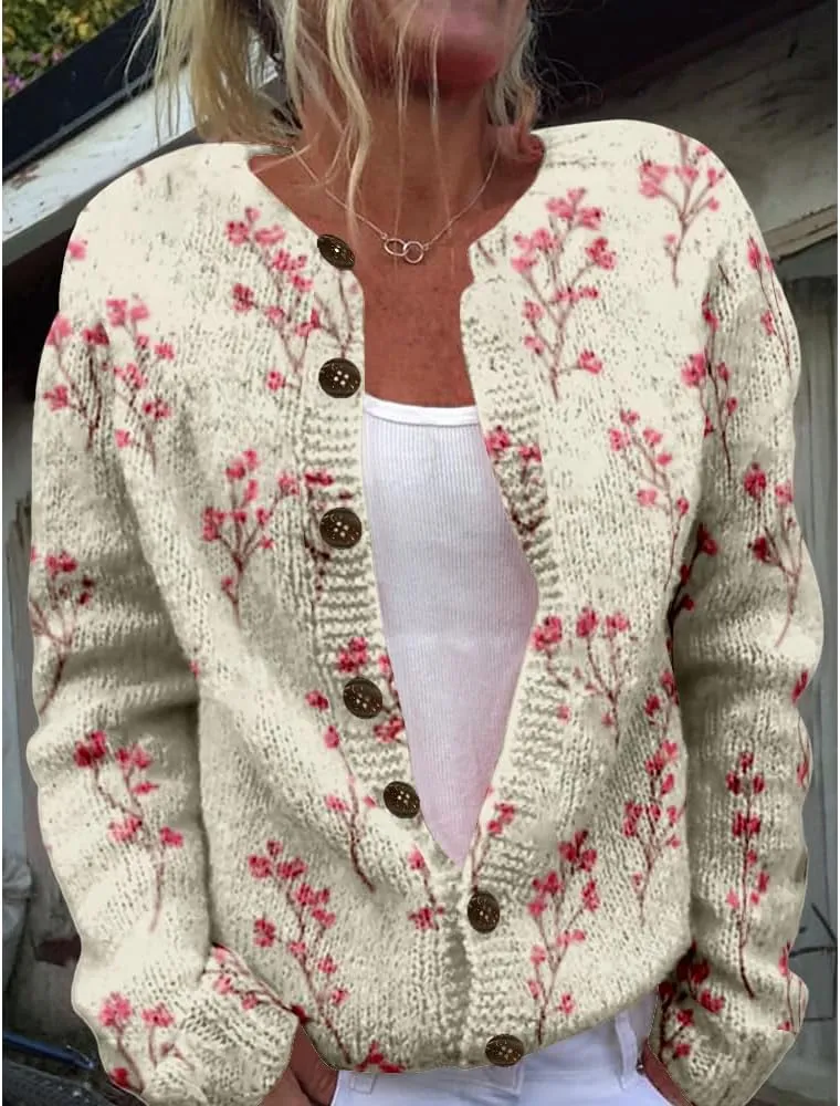 Floral Sweaters for Women Open Front Cardigan Chunky Long Sleeve Plus Size Button Up Fall Trendy Tunic Blouse