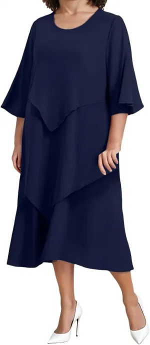 Flowy Chiffon Maxi Dresses for Women Ruffle Tiered Casual Crew Neck 3/4 Bell Sleeve Sundress Plus Size A line midi Dress
