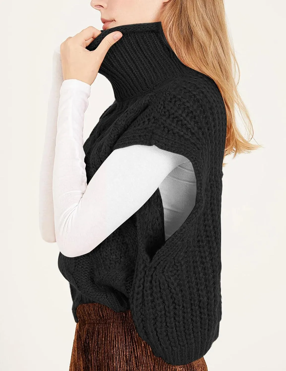 Flygo Womens Turtleneck Cable Sweater Vest Knit Oversized Loose Fit Solid Pullover Sweaters Cap Sleeve Crop Tops