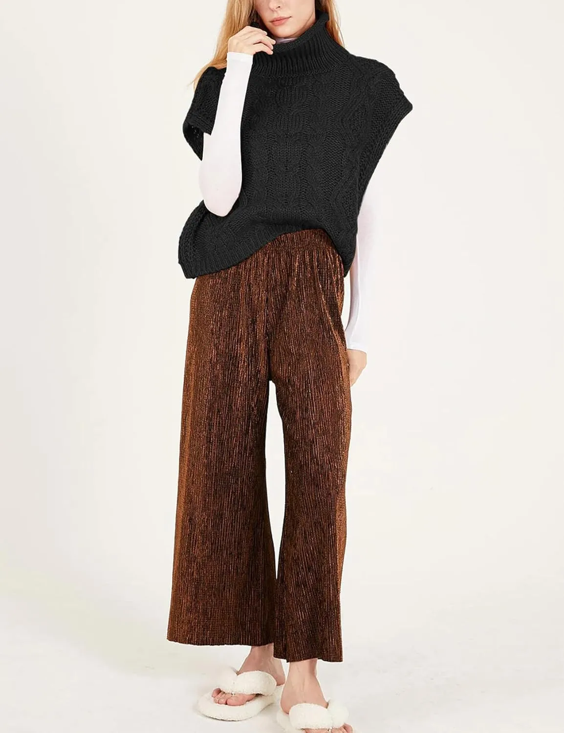 Flygo Womens Turtleneck Cable Sweater Vest Knit Oversized Loose Fit Solid Pullover Sweaters Cap Sleeve Crop Tops