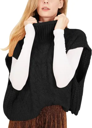 Flygo Womens Turtleneck Cable Sweater Vest Knit Oversized Loose Fit Solid Pullover Sweaters Cap Sleeve Crop Tops