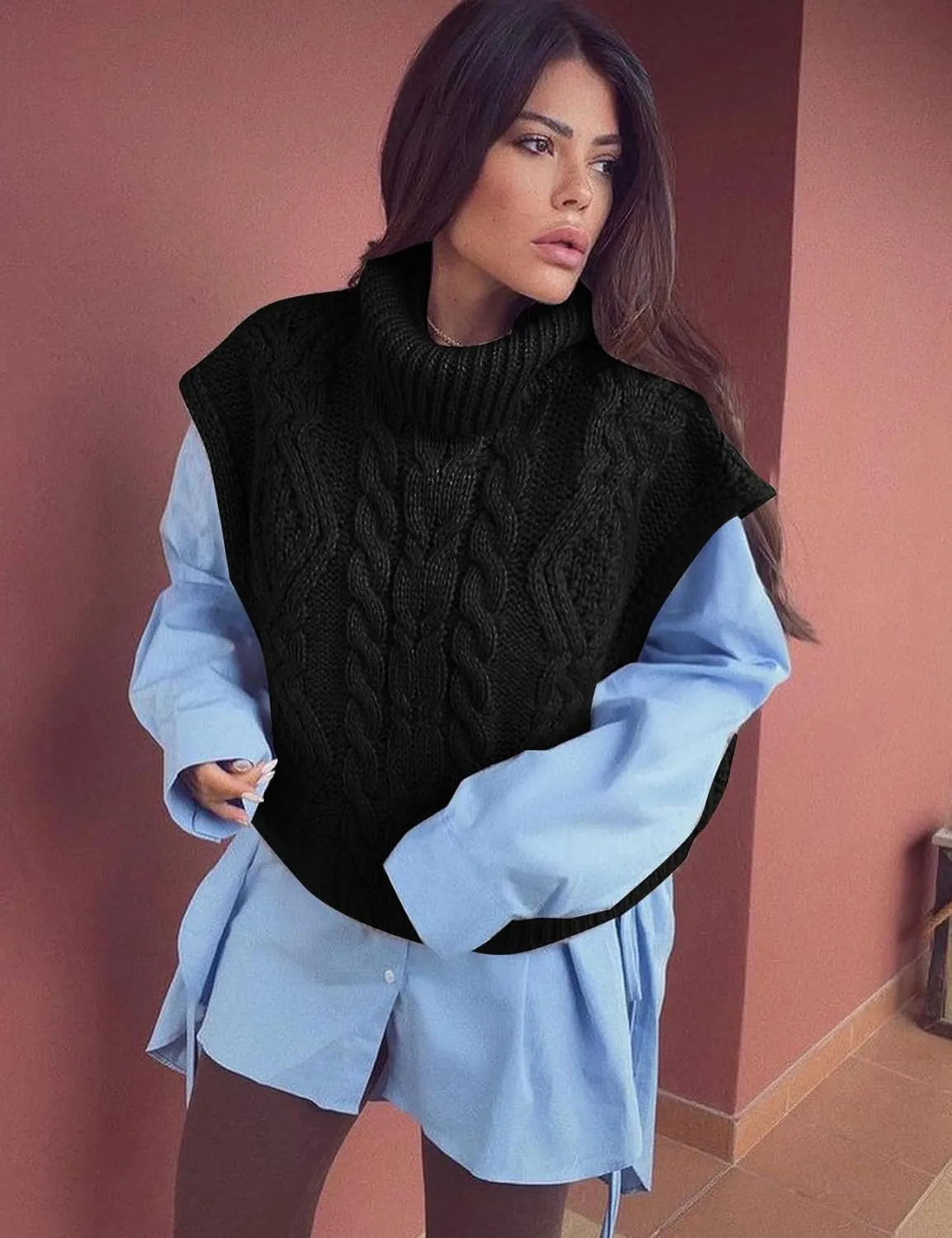 Flygo Womens Turtleneck Cable Sweater Vest Knit Oversized Loose Fit Solid Pullover Sweaters Cap Sleeve Crop Tops