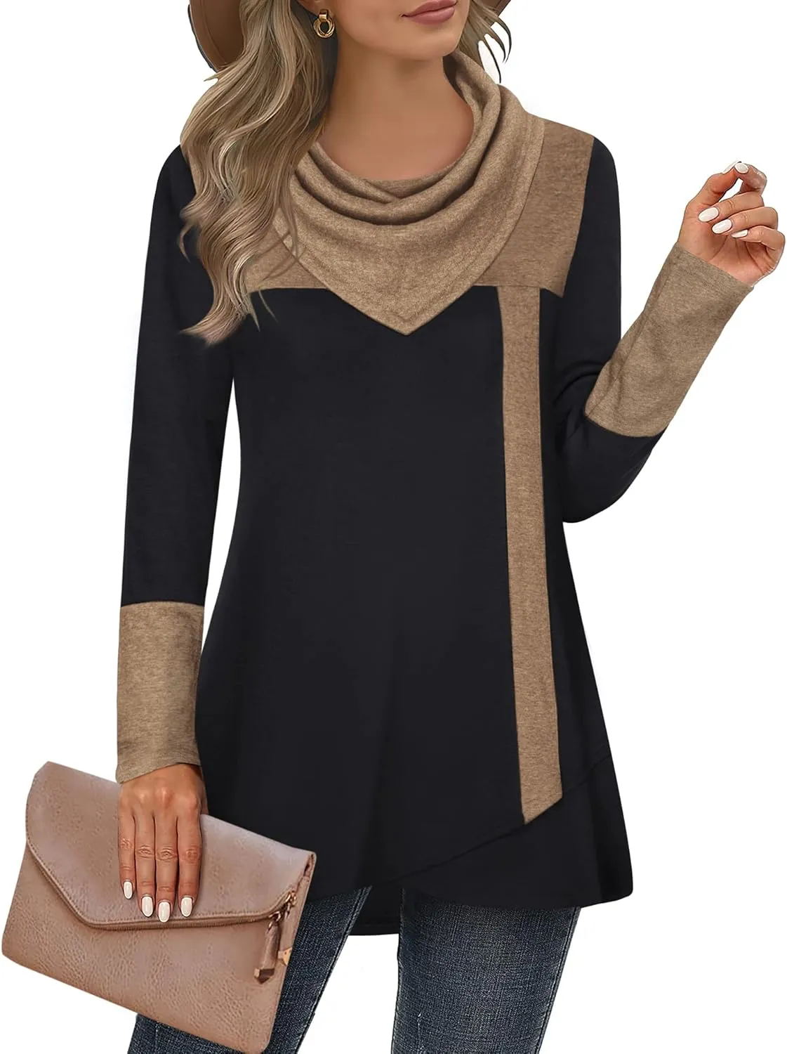 Furnex Women's Long Sleeve Cowl Neck Tunic Top Casual Pullover Sweatshirt