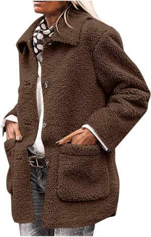 Fuzzy Fleece Jacket for Women Plus Size Button Down Lapel Sherpa Coats with Pocket Fluffy Winter Outerwear Warm Coat