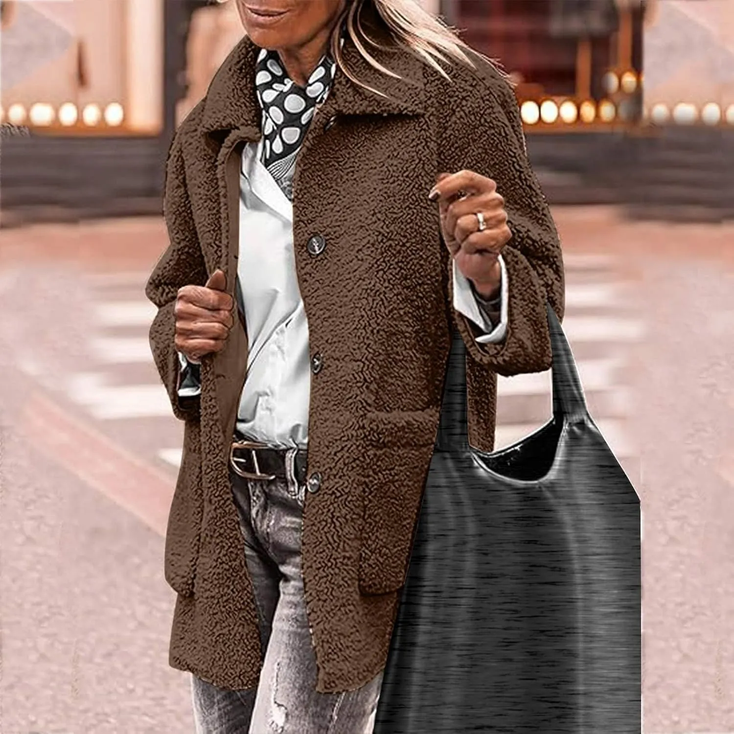 Fuzzy Fleece Jacket for Women Plus Size Button Down Lapel Sherpa Coats with Pocket Fluffy Winter Outerwear Warm Coat