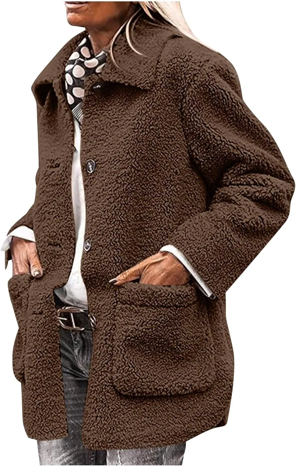 Fuzzy Fleece Jacket for Women Plus Size Button Down Lapel Sherpa Coats with Pocket Fluffy Winter Outerwear Warm Coat