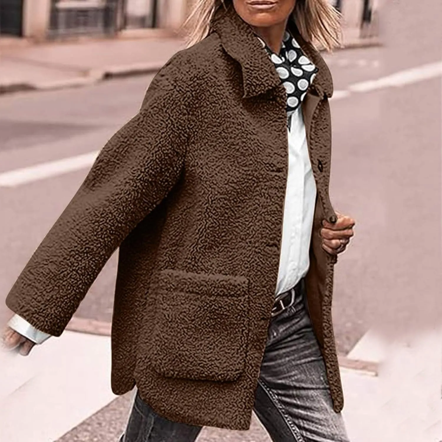 Fuzzy Fleece Jacket for Women Plus Size Button Down Lapel Sherpa Coats with Pocket Fluffy Winter Outerwear Warm Coat