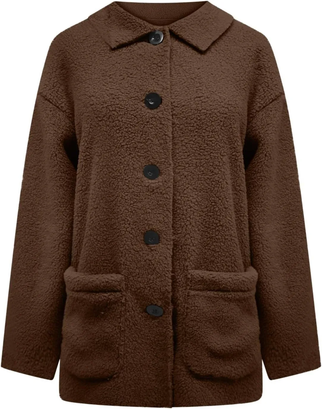 Fuzzy Fleece Jacket for Women Plus Size Button Down Lapel Sherpa Coats with Pocket Fluffy Winter Outerwear Warm Coat