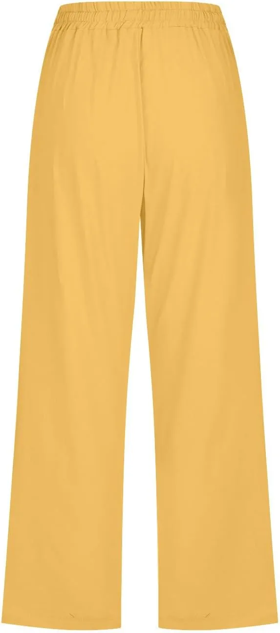 FZYLQY Capri Pants for Women Casual 2025 Summer Drawstring Elastic High Waist Linen Pants Straight Wide Leg Cropped Trousers