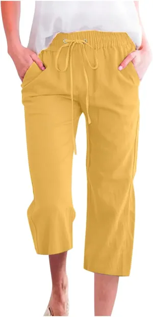 FZYLQY Capri Pants for Women Casual 2025 Summer Drawstring Elastic High Waist Linen Pants Straight Wide Leg Cropped Trousers