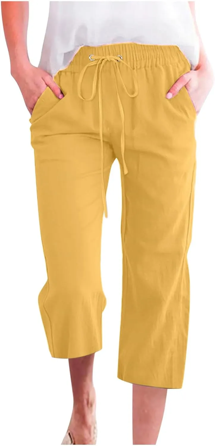 FZYLQY Capri Pants for Women Casual 2025 Summer Drawstring Elastic High Waist Linen Pants Straight Wide Leg Cropped Trousers