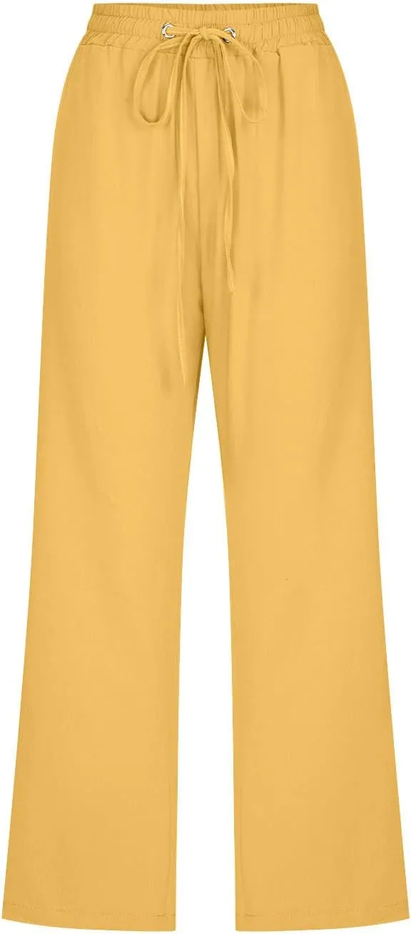 FZYLQY Capri Pants for Women Casual 2025 Summer Drawstring Elastic High Waist Linen Pants Straight Wide Leg Cropped Trousers