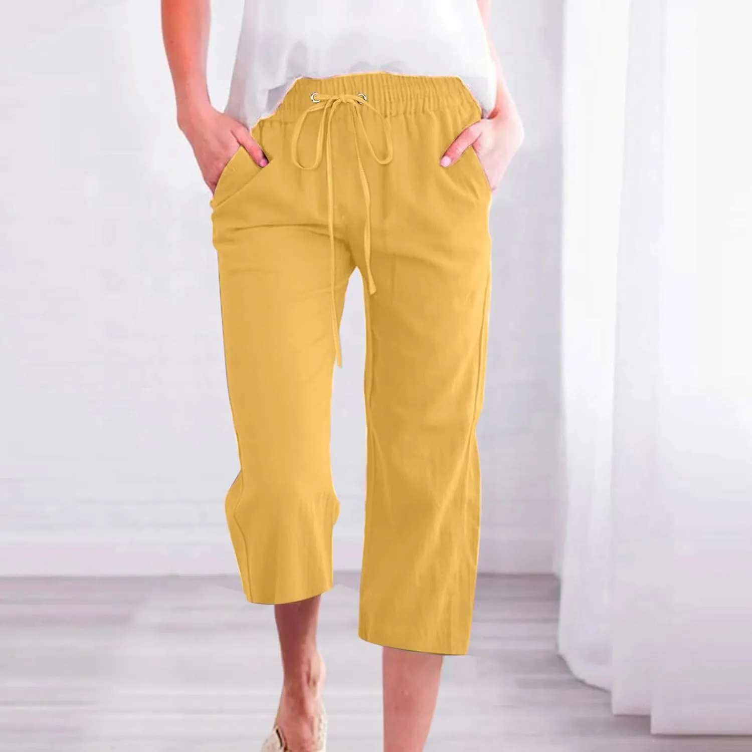 FZYLQY Capri Pants for Women Casual 2025 Summer Drawstring Elastic High Waist Linen Pants Straight Wide Leg Cropped Trousers