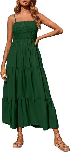 FZYLQY Womens Bohemian Dresses Spaghetti Strap Smocked Tiered Long Beach Sundresses Summer Sleeveless Solid Flowy Maxi Dress