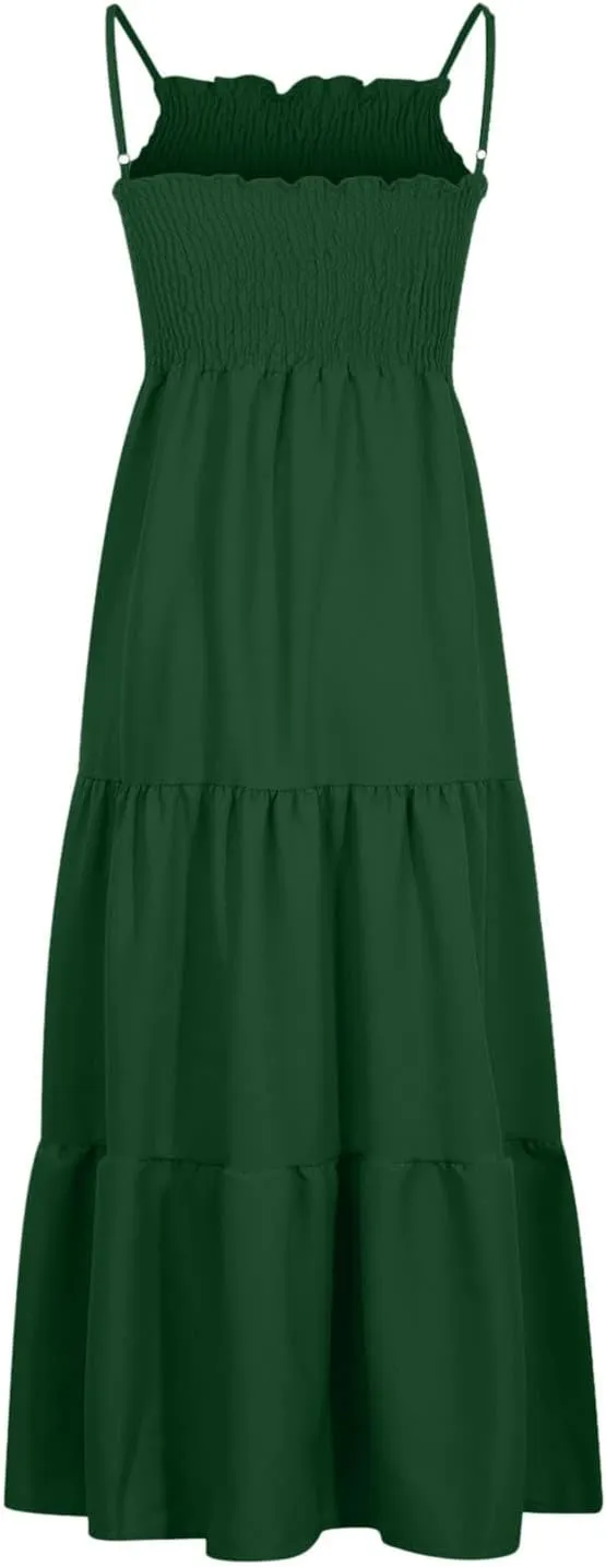 FZYLQY Womens Bohemian Dresses Spaghetti Strap Smocked Tiered Long Beach Sundresses Summer Sleeveless Solid Flowy Maxi Dress