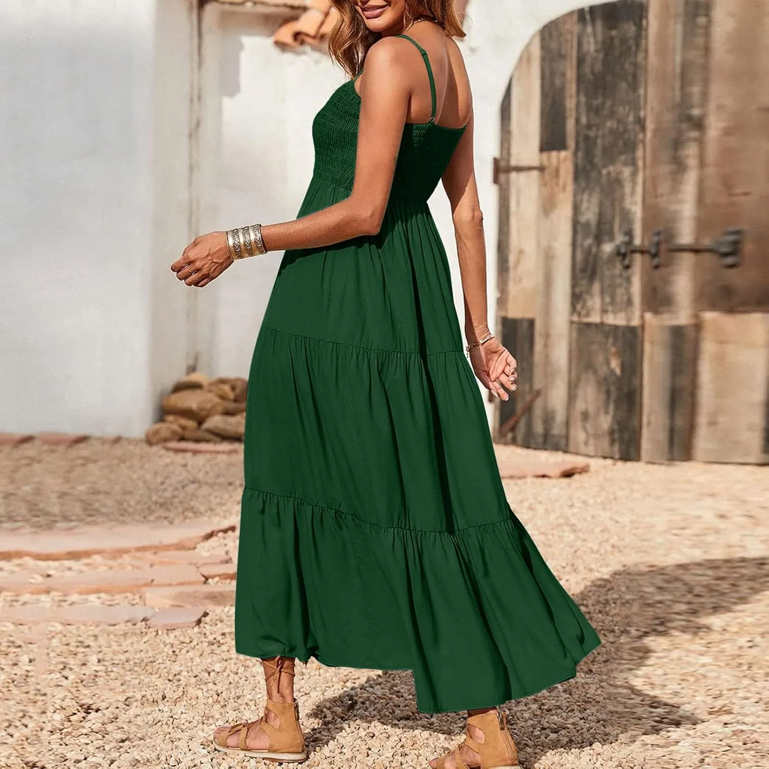 FZYLQY Womens Bohemian Dresses Spaghetti Strap Smocked Tiered Long Beach Sundresses Summer Sleeveless Solid Flowy Maxi Dress