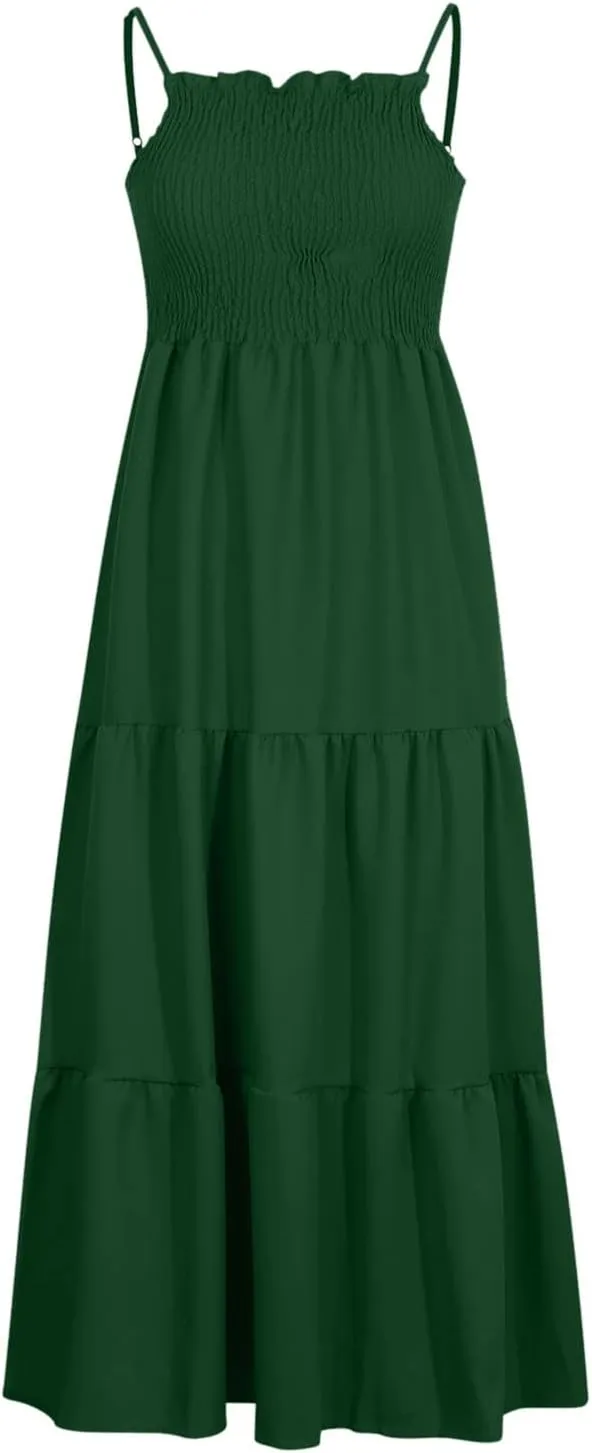 FZYLQY Womens Bohemian Dresses Spaghetti Strap Smocked Tiered Long Beach Sundresses Summer Sleeveless Solid Flowy Maxi Dress
