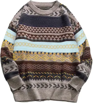 Gihuo Men Vintage Striped Sweater Grandpa Fall Winter Pullover Long Sleeve Crewneck Jumper Knit Christmas Sweater Tops