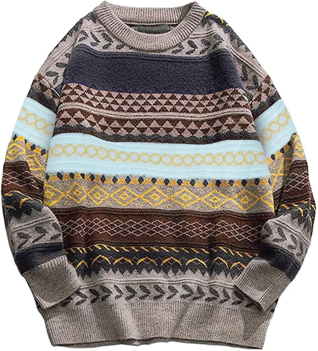 Gihuo Men Vintage Striped Sweater Grandpa Fall Winter Pullover Long Sleeve Crewneck Jumper Knit Christmas Sweater Tops