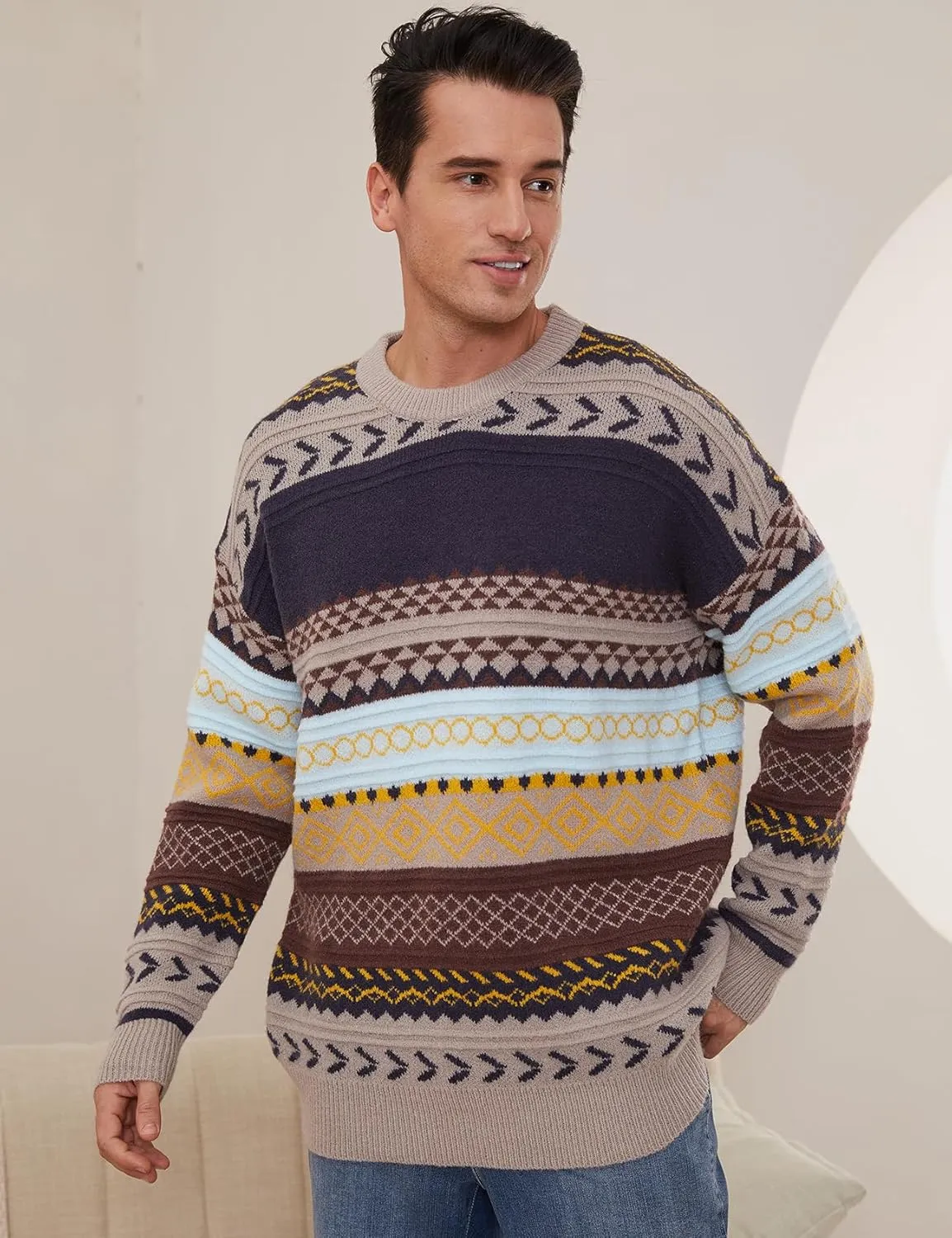 Gihuo Men Vintage Striped Sweater Grandpa Fall Winter Pullover Long Sleeve Crewneck Jumper Knit Christmas Sweater Tops
