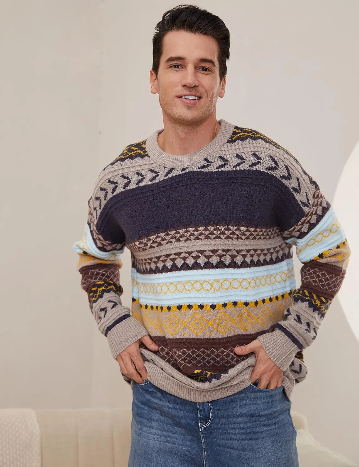 Gihuo Men Vintage Striped Sweater Grandpa Fall Winter Pullover Long Sleeve Crewneck Jumper Knit Christmas Sweater Tops