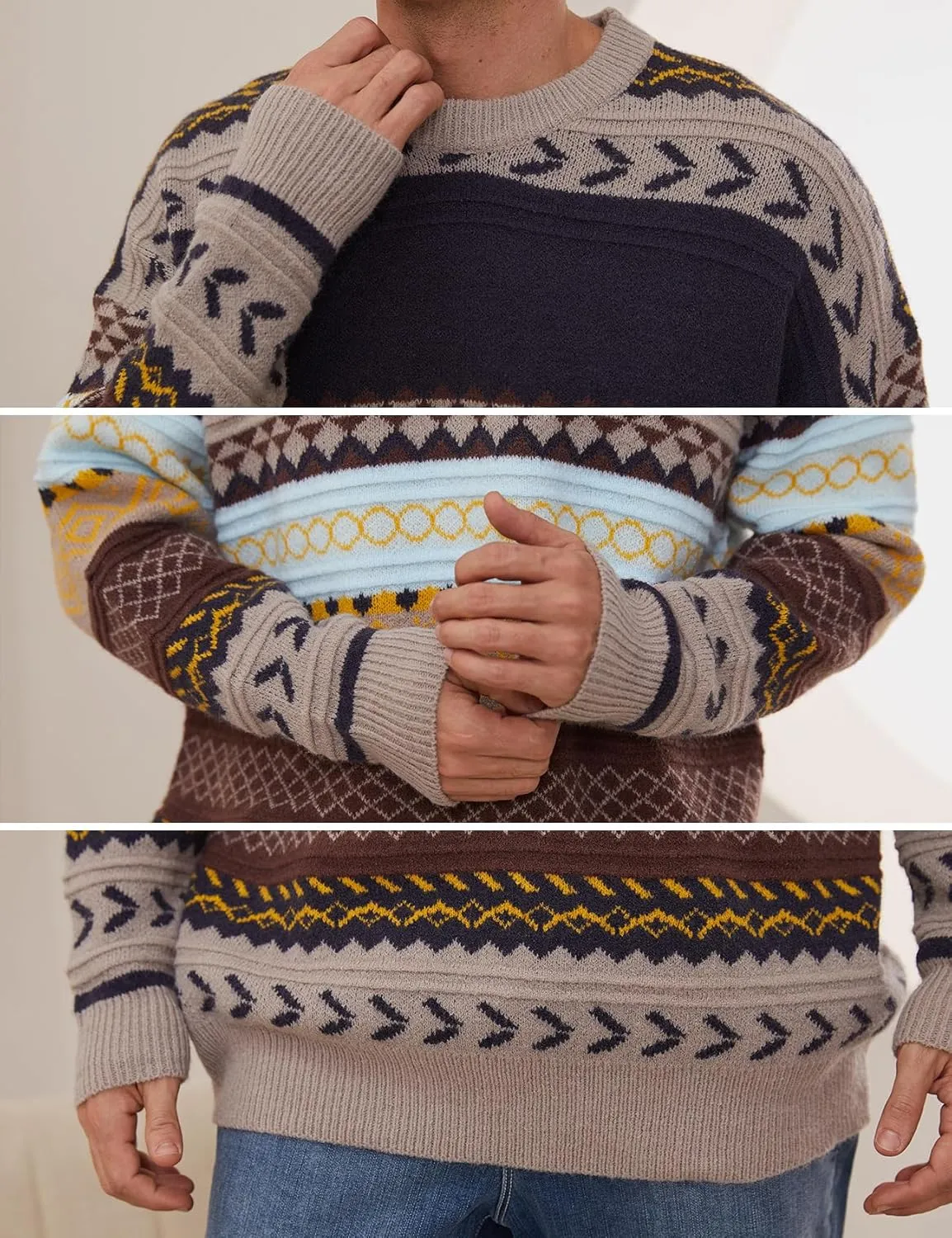 Gihuo Men Vintage Striped Sweater Grandpa Fall Winter Pullover Long Sleeve Crewneck Jumper Knit Christmas Sweater Tops