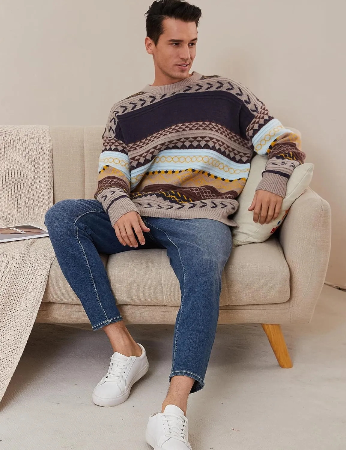 Gihuo Men Vintage Striped Sweater Grandpa Fall Winter Pullover Long Sleeve Crewneck Jumper Knit Christmas Sweater Tops