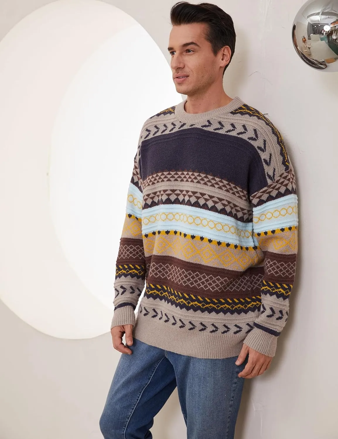Gihuo Men Vintage Striped Sweater Grandpa Fall Winter Pullover Long Sleeve Crewneck Jumper Knit Christmas Sweater Tops