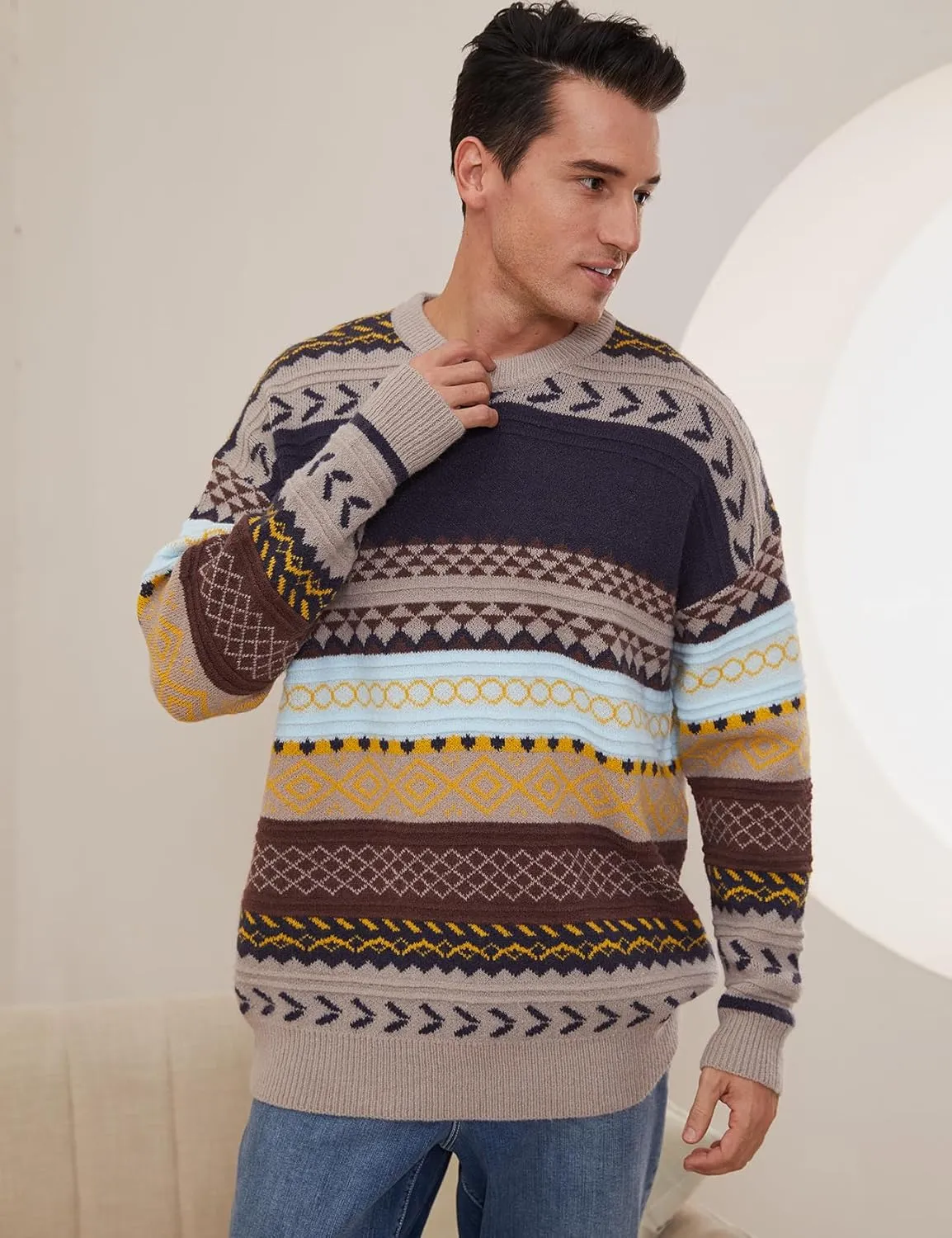 Gihuo Men Vintage Striped Sweater Grandpa Fall Winter Pullover Long Sleeve Crewneck Jumper Knit Christmas Sweater Tops