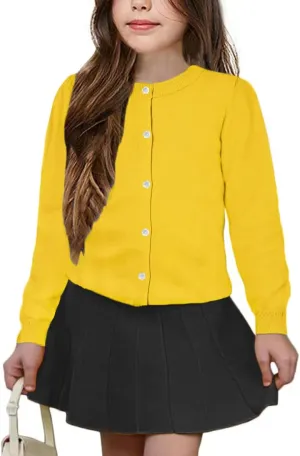 Girls' Cardigan Sweater [Cute Petal Buttons] Cotton Long Sleeve Crewneck Uniform Sweater for 5-14 Years Girls