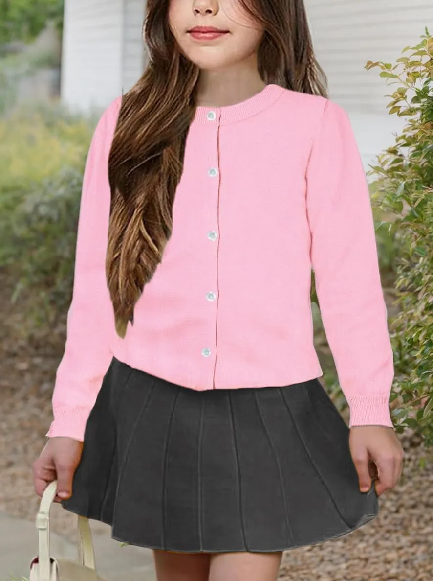 Girls' Cardigan Sweater [Cute Petal Buttons] Cotton Long Sleeve Crewneck Uniform Sweater for 5-14 Years Girls