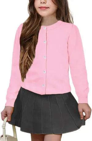 Girls' Cardigan Sweater [Cute Petal Buttons] Cotton Long Sleeve Crewneck Uniform Sweater for 5-14 Years Girls