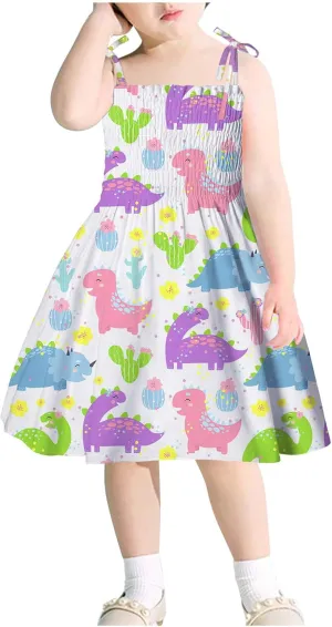 Girl's Ditsy Floral Print Ruffle Hem Cam Dress Spaghetti Strap Bow Tie Side Mini Casual Dresses