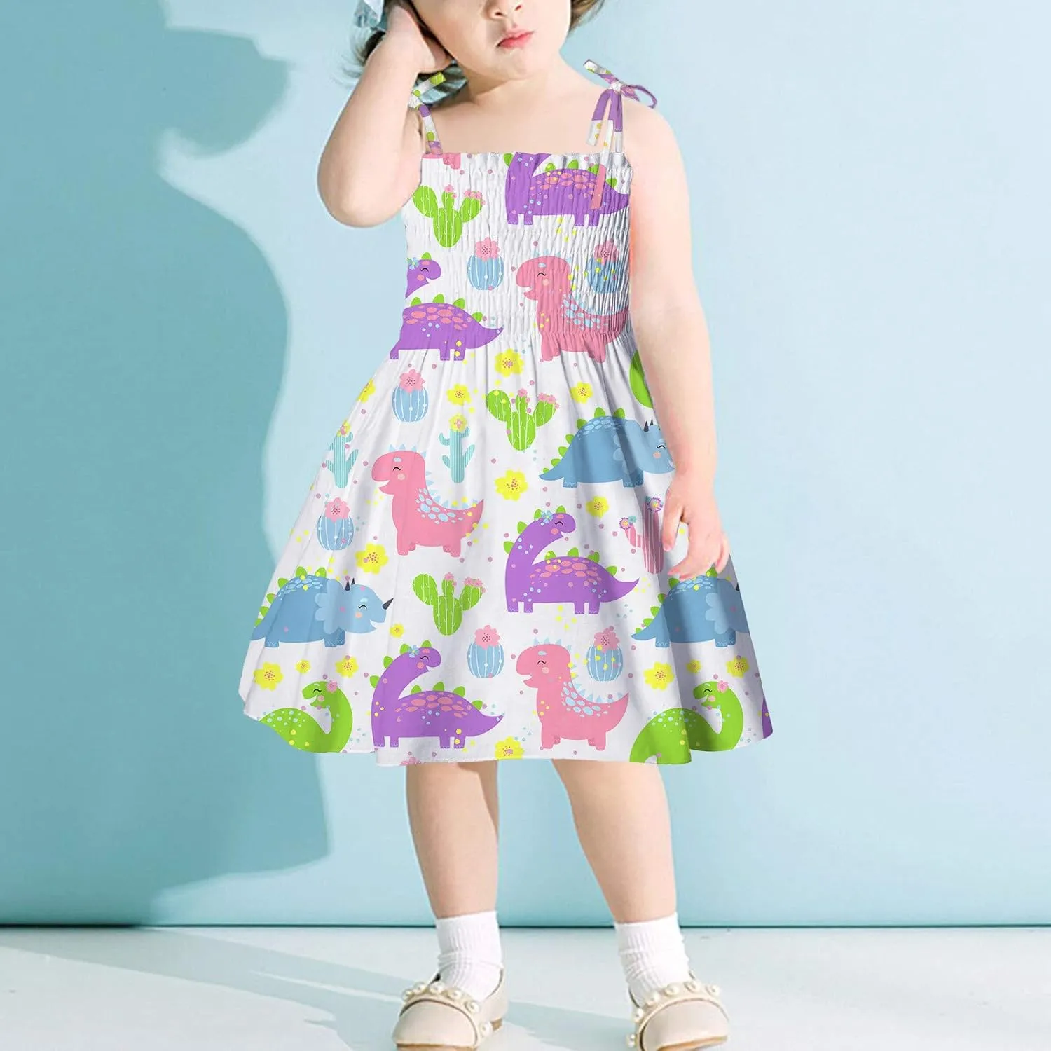 Girl's Ditsy Floral Print Ruffle Hem Cam Dress Spaghetti Strap Bow Tie Side Mini Casual Dresses